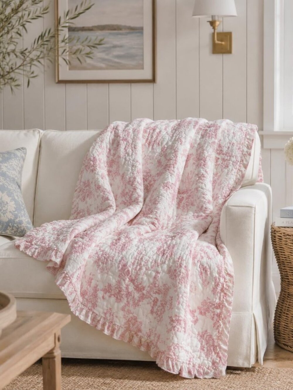 Pink Toile Quilted Throw Blanket 47" x 60" Cozy Cotton Decorative Blanket French